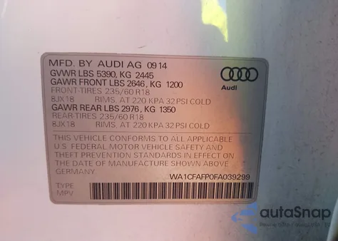 2015 Audi Q5 2.0T Premium из США, поврежденный, VIN WA1CFAFP0FA039299
